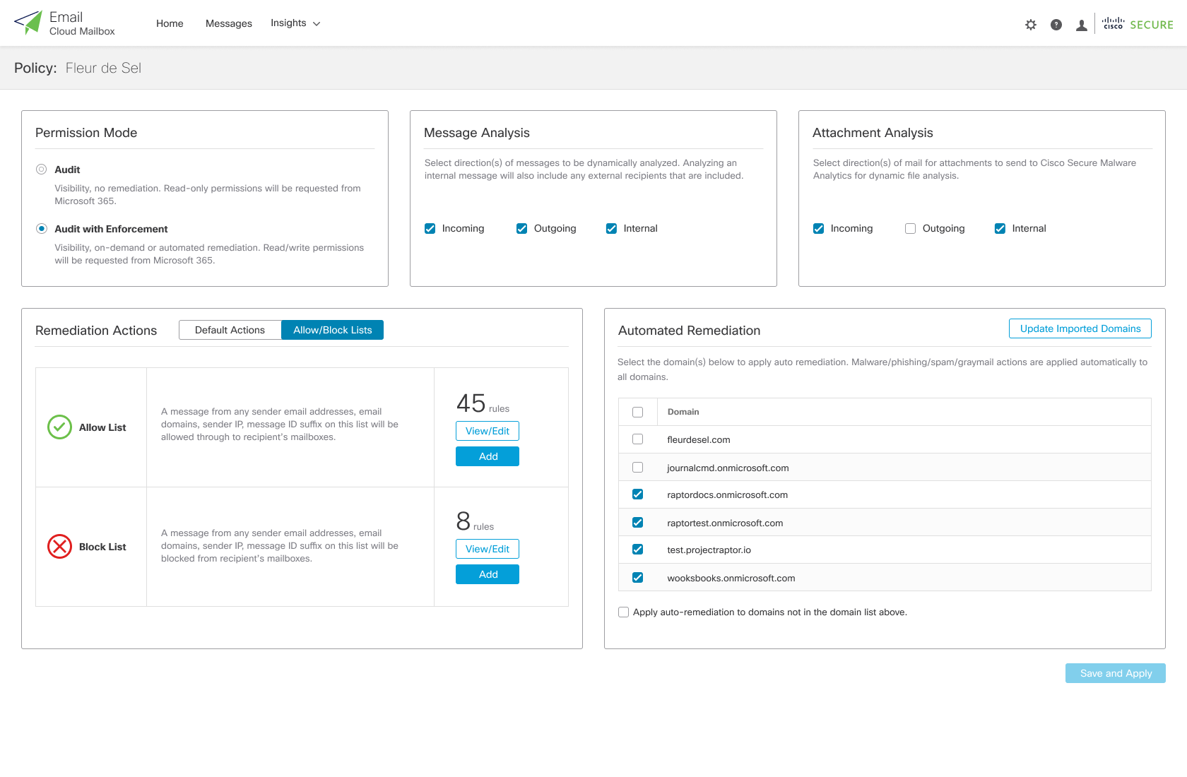 Policy settings with permission mode, message analysis, and allow and block lists
