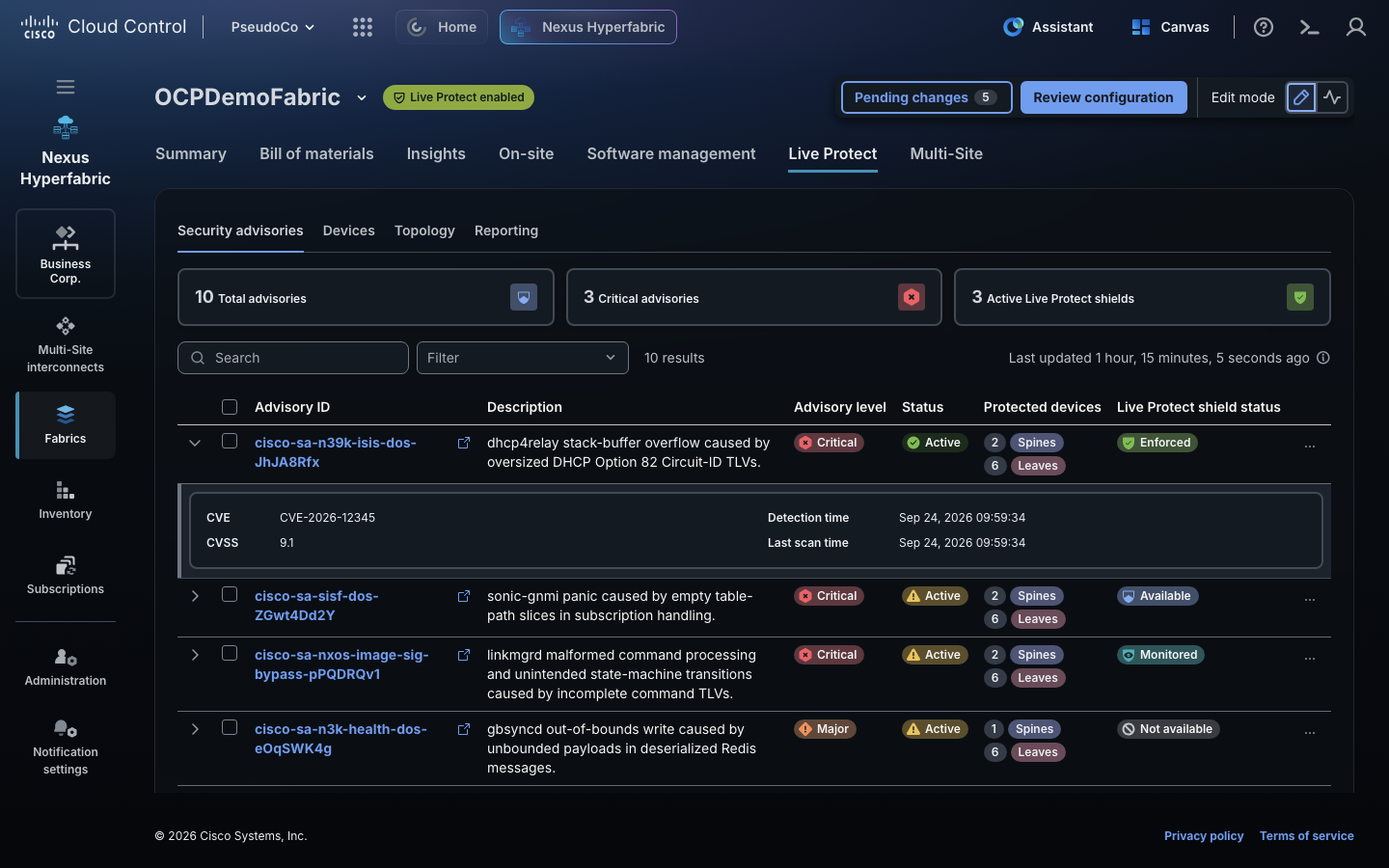 Live Protect security advisories with shield status