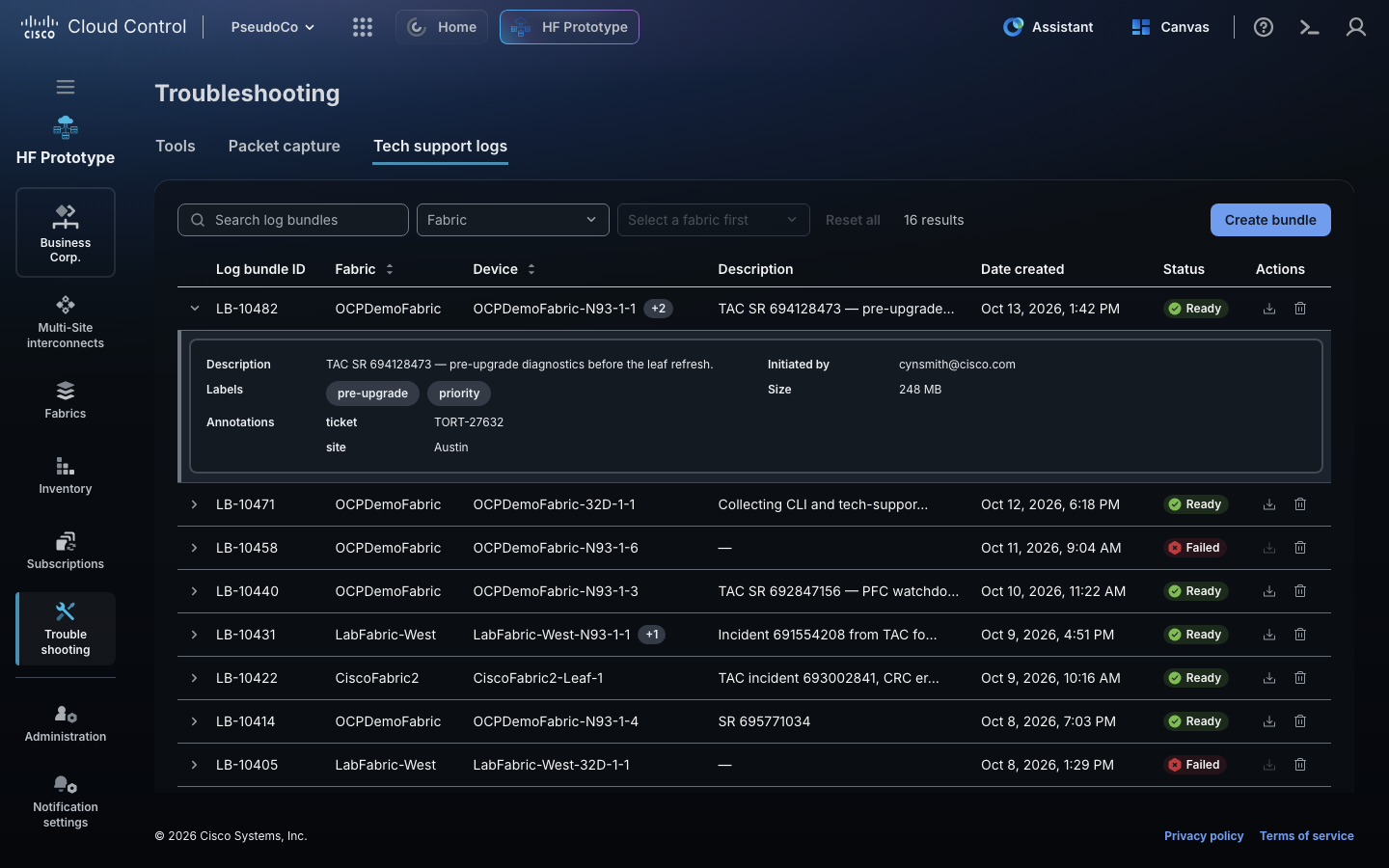 Tech support logs list in Hyperfabric troubleshooting