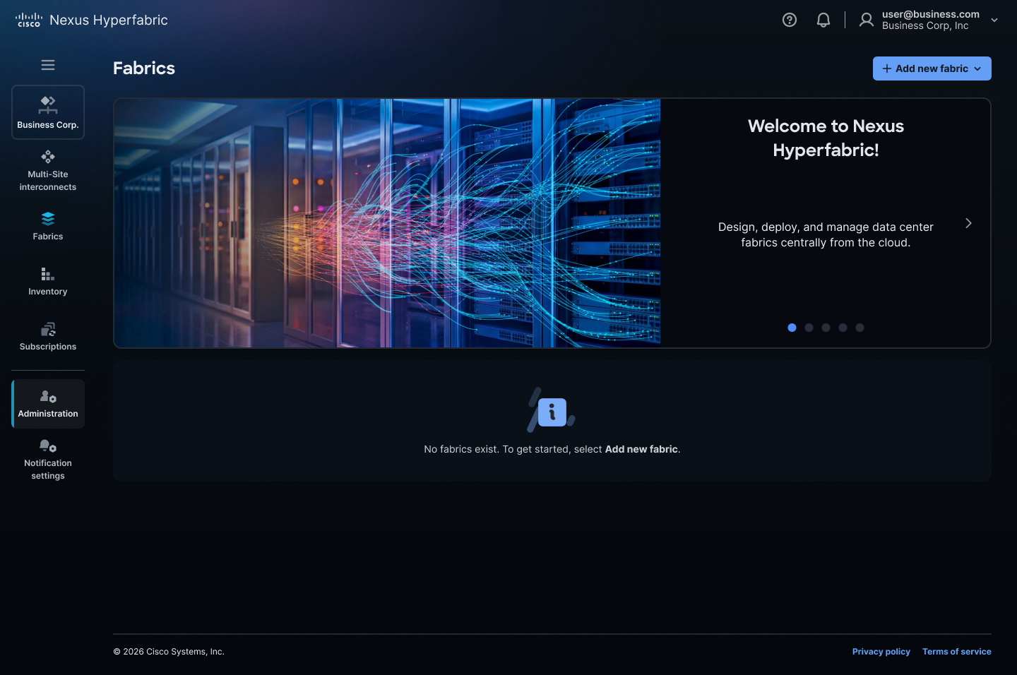 Nexus Hyperfabric Fabrics welcome page in Cisco Cloud Control